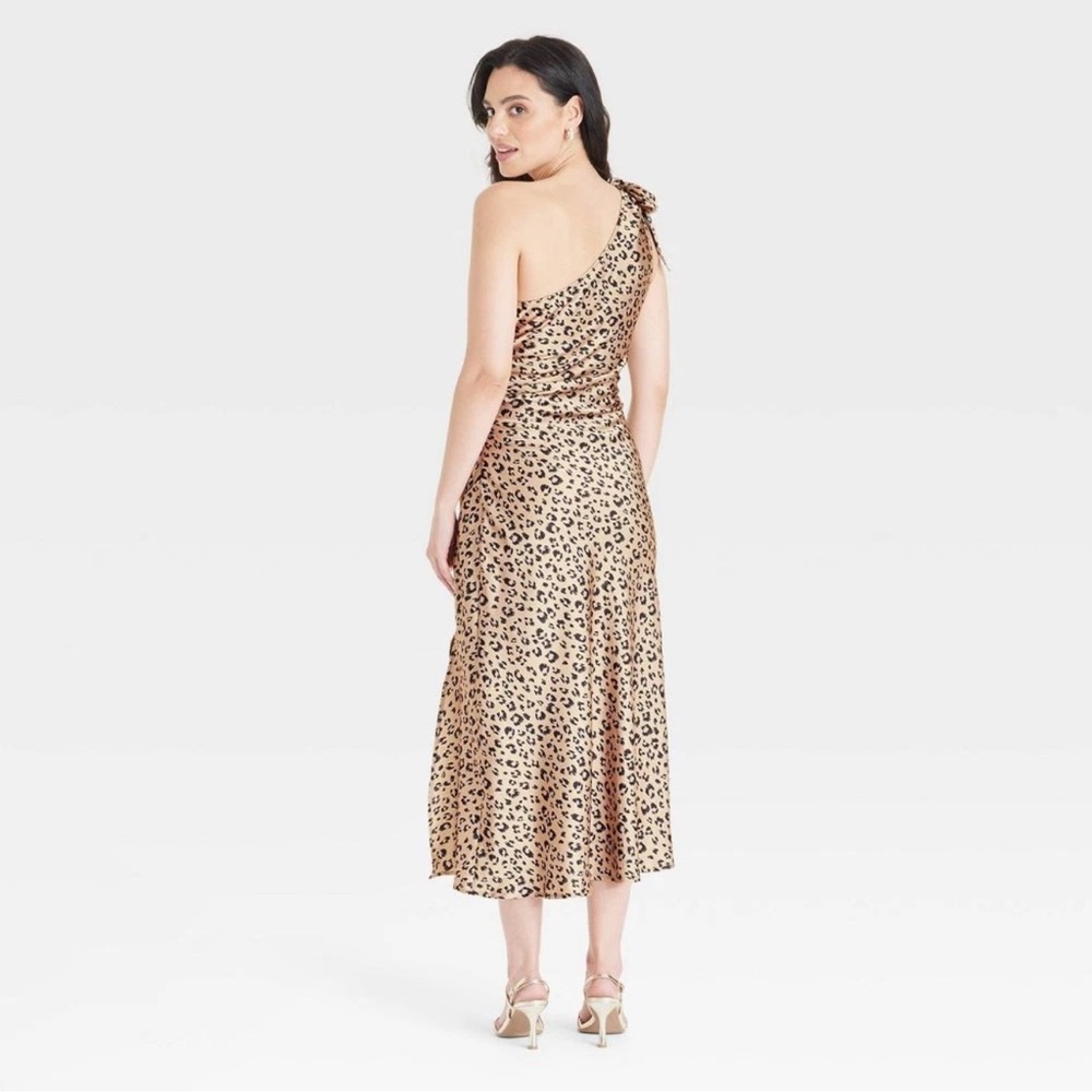A New Day Women's One Shoulder Satin Midi Dress Brown Leopard Cheetah Print - Picture 2 of 3